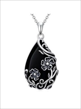 HPQQ Black Onyx Necklace 925 Sterling Silver Peony Pendant Gifts for Women